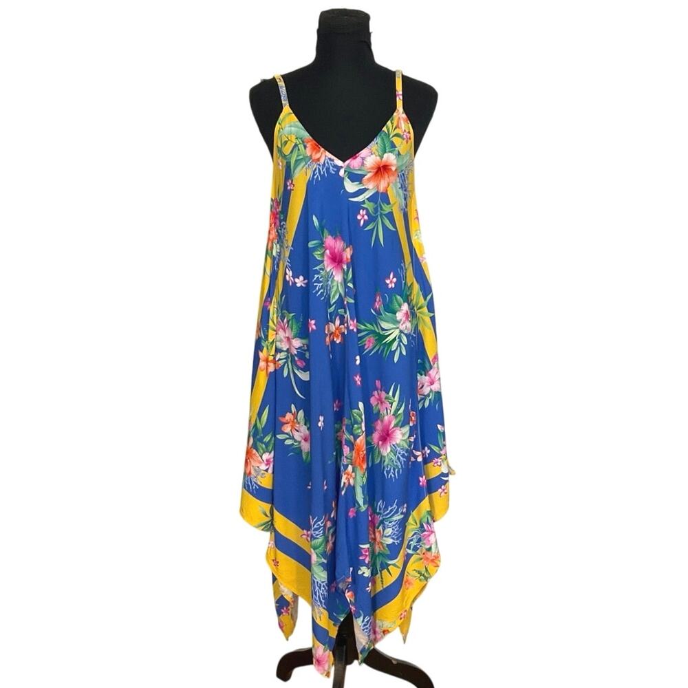 Tommy Bahama Tropical Floral Handkerchief Hem Midi Dress S/M Blue Yellow - Picture 2 of 9